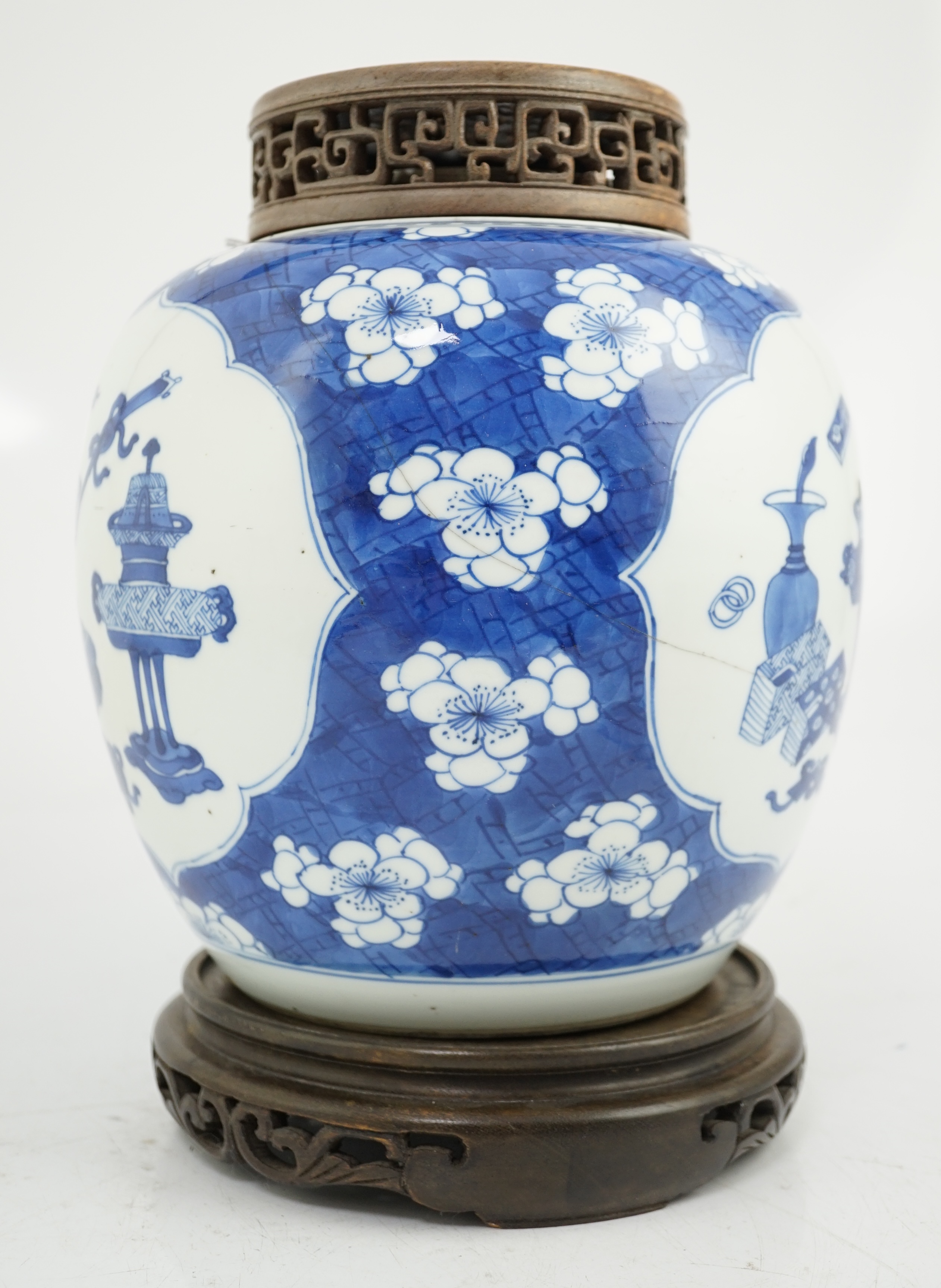 A Chinese blue and white ‘Antiques’ jar, Kangxi period, cracked